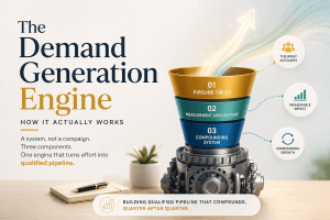 B2B demand generation strategy framework illustrating a pipeline engine with strategy, measurement, and growth